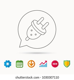 Electric plug icon. European socket sign. Calendar, Graph chart and Cogwheel signs. Download and Shield web icons. Vector