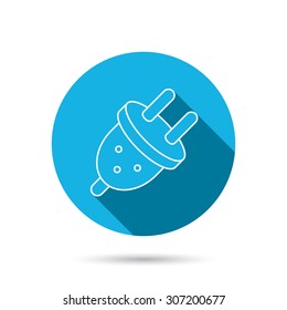 Electric plug icon. European socket sign. Blue flat circle button with shadow. Vector