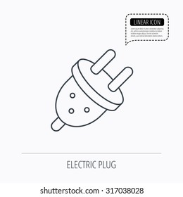Electric plug icon. European socket sign. Linear outline icon. Speech bubble of dotted line. Vector