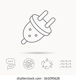 Electric plug icon. European socket sign. Global connect network, ocean wave and chat dialog icons. Teamwork symbol.