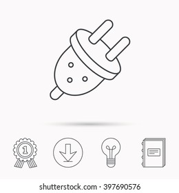 Electric plug icon. European socket sign. Download arrow, lamp, learn book and award medal icons.