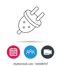 Electric plug icon. European socket sign. Group of people, video cam and calendar icons. Vector