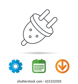 Electric plug icon. European socket sign. Calendar, cogwheel and download arrow signs. Colored flat web icons. Vector