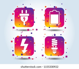 Electric plug icon. Fluorescent lamp and battery symbols. Low electricity and idea signs. Colour gradient square buttons. Flat design concept. Vector