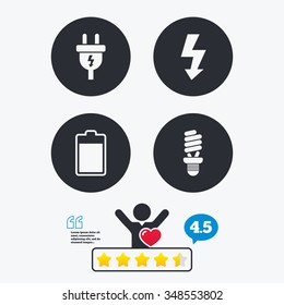 Electric plug icon. Fluorescent lamp and battery symbols. Low electricity and idea signs. Star vote ranking. Client like and think bubble. Quotes with message.