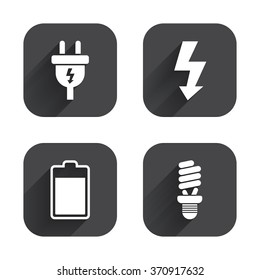 Electric plug icon. Fluorescent lamp and battery symbols. Low electricity and idea signs. Square flat buttons with long shadow.