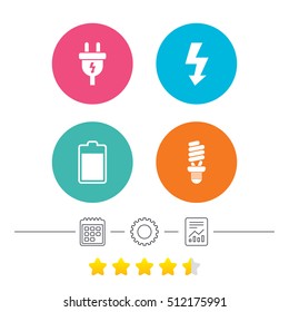 Electric plug icon. Fluorescent lamp and battery symbols. Low electricity and idea signs. Calendar, cogwheel and report linear icons. Star vote ranking. Vector