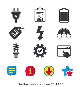 Electric plug icon. Fluorescent lamp and battery symbols. Low electricity and idea signs. Browser window, Report and Service signs. Binoculars, Information and Download icons. Stars and Chat. Vector