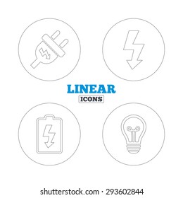 Electric plug icon. Lamp bulb and battery symbols. Low electricity and idea signs. Linear outline web icons. Vector