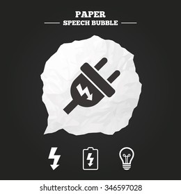 Electric plug icon. Lamp bulb and battery symbols. Low electricity and idea signs. Paper speech bubble with icon.