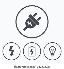 Electric plug icon. Lamp bulb and battery symbols. Low electricity and idea signs. Icons in circles.