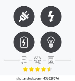 Electric plug icon. Lamp bulb and battery symbols. Low electricity and idea signs. Chat, award medal and report linear icons. Star vote ranking. Vector