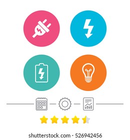 Electric plug icon. Lamp bulb and battery symbols. Low electricity and idea signs. Calendar, cogwheel and report linear icons. Star vote ranking. Vector