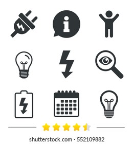 Electric plug icon. Lamp bulb and battery symbols. Low electricity and idea signs. Information, light bulb and calendar icons. Investigate magnifier. Vector