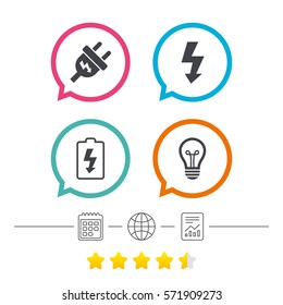 Electric plug icon. Lamp bulb and battery symbols. Low electricity and idea signs. Calendar, internet globe and report linear icons. Star vote ranking. Vector