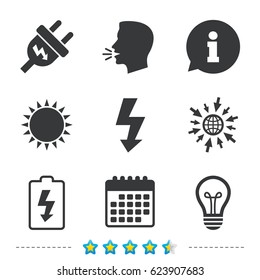 Electric plug icon. Lamp bulb and battery symbols. Low electricity and idea signs. Information, go to web and calendar icons. Sun and loud speak symbol. Vector