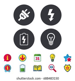Electric plug icon. Lamp bulb and battery symbols. Low electricity and idea signs. Calendar, Information and Download signs. Stars, Award and Book icons. Light bulb, Shield and Search. Vector