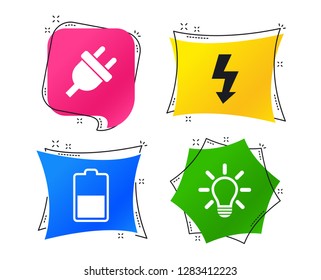 Electric plug icon. Light lamp and battery half symbols. Low electricity and idea signs. Geometric colorful tags. Banners with flat icons. Trendy design. Vector