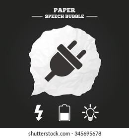 Electric plug icon. Light lamp and battery half symbols. Low electricity and idea signs. Paper speech bubble with icon.