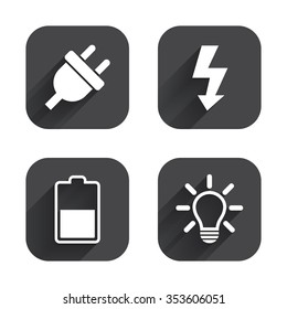 Electric plug icon. Light lamp and battery half symbols. Low electricity and idea signs. Square flat buttons with long shadow.