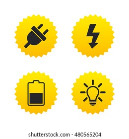 Electric plug icon. Light lamp and battery half symbols. Low electricity and idea signs. Yellow stars labels with flat icons. Vector