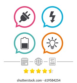 Electric plug icon. Light lamp and battery half symbols. Low electricity and idea signs. Calendar, internet globe and report linear icons. Star vote ranking. Vector