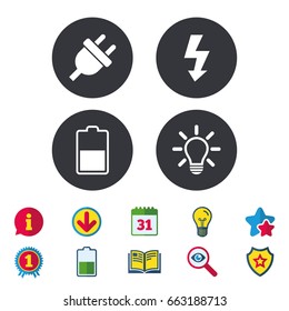 Electric plug icon. Light lamp and battery half symbols. Low electricity and idea signs. Calendar, Information and Download signs. Stars, Award and Book icons. Light bulb, Shield and Search. Vector