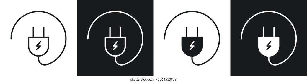 Electric plug icons collection in black filled and line style.