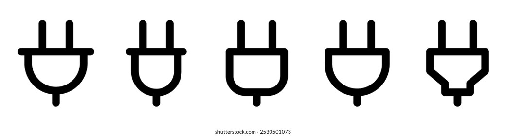 Elektrische Stecker Icons gesetzt. Schwarzes lineares Symbol eines elektrischen Steckers, das Energie und Leistung repräsentiert. Vektorgrafik