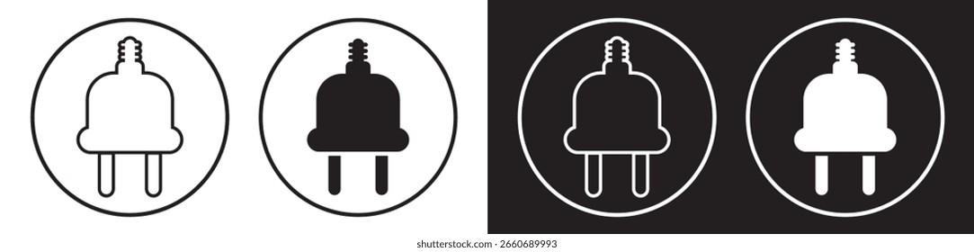 Electric plug icons vector. Black and white variants in circle