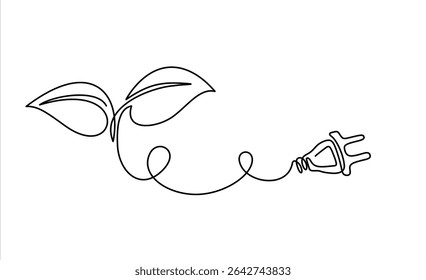 Electric plug and leaf in continuous one line drawing. Go green energy concept focusing on renewable power. Hand drawn one line vector. Editable stroke