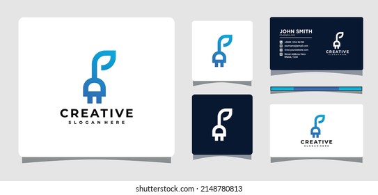 Electric Plug Leaf Logo Template With Business Card Design Inspiration