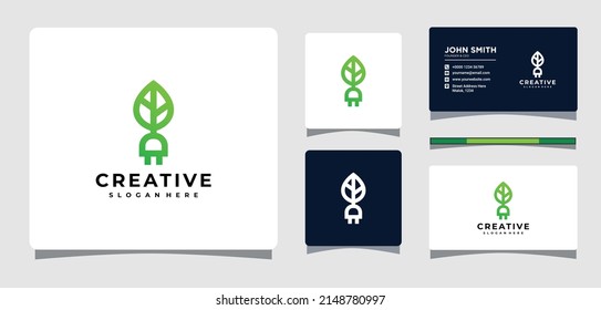 Electric Plug Leaf Logo Template With Business Card Design Inspiration