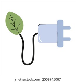 Electric plug with leaf symbolizing sustainability in renewable energy usage