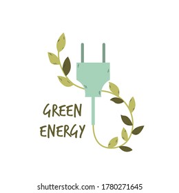 Electric plug with leaves. Green energy concept. Vector illustration