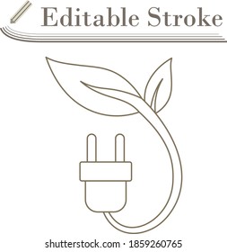 Electric Plug With Leaves Icon. Editable Stroke Simple Design. Vector Illustration.