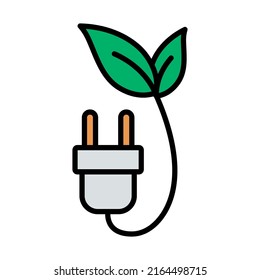 Electric Plug With Leaves Icon. Editable Bold Outline With Color Fill Design. Vector Illustration.