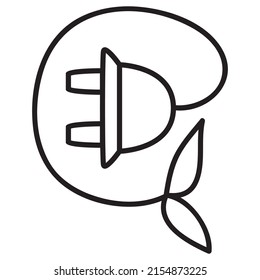 El enchufe eléctrico deja un icono.Energía renovable.Energía limpia.Carga ecológica. Aislado en fondo blanco.Ilustración vector de contorno.