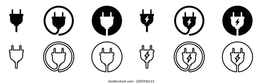 Elektrischer Stecker mit Blitzsymbol Symbol Vektorset. Stromkabel oder Kabel-Flachsilhouette