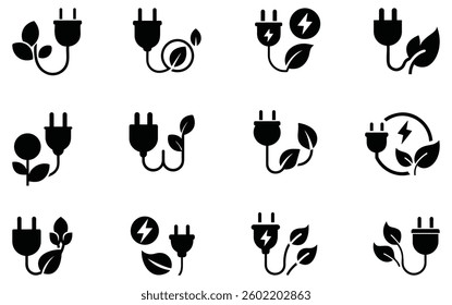 Electric plug with lightning symbol icon vector set. Power cable or cord flat silhouette.Plug icon set. Electric plug symbol. Vector illustration.