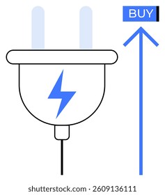 Electric plug with lightning symbol and upward arrow pointing to the BUY button highlights energy acquisition. Ideal for e-commerce, energy solutions, electronics, online shopping, business growth