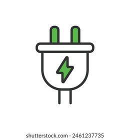 Electric plug, in line design, green. Electric, Plug, Power, Outlet, Socket, Connection, Adapter on white background vector. Electric plug editable stroke icon.