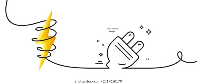 Electric plug line icon. Continuous one line with curl. Energy sign. Electricity power symbol. Electric plug single outline ribbon. Loop curve with energy. Vector