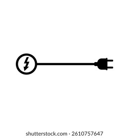 Electric plug with long wire, cord and lightning bolt, current and voltage symbol. Vector illustration on white background.
