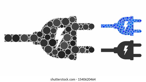 Electric plug mosaic of filled circles in different sizes and shades, based on electric plug icon. Vector filled circles are grouped into blue mosaic.