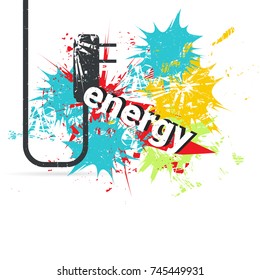 Electric plug on background with color spots. Energy conception. Grunge vector illustration