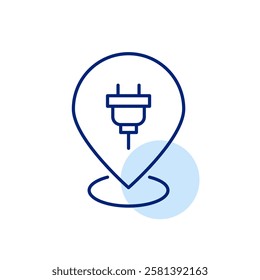 Electric plug on map pointer. EV charging location, sustainable energy hub and portable power. Pixel perfect, editable stroke icon