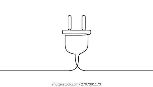 Enchufe eléctrico en un estilo de arte de línea. Dibujo de un conector de alimentación con trazo negro editable sobre un fondo blanco. Ilustración vectorial.