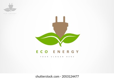 Enchufe eléctrica con el logotipo de una planta, ramas y hojas. Diseño de electricidad ecológica.
