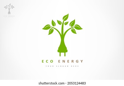 Electric plug with a plant logo, branches and leaves. Eco electricity design.